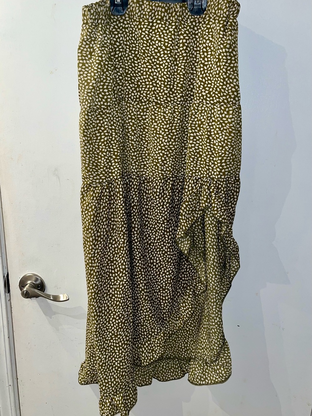 Olive Green Printed A-Symmetrical Tiered Midi Skirt